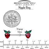 14G 9/16 Red Green Gem Strawberry Heart Barbell Nipple Ring Set - BodyCandy - Flyclothing LLC