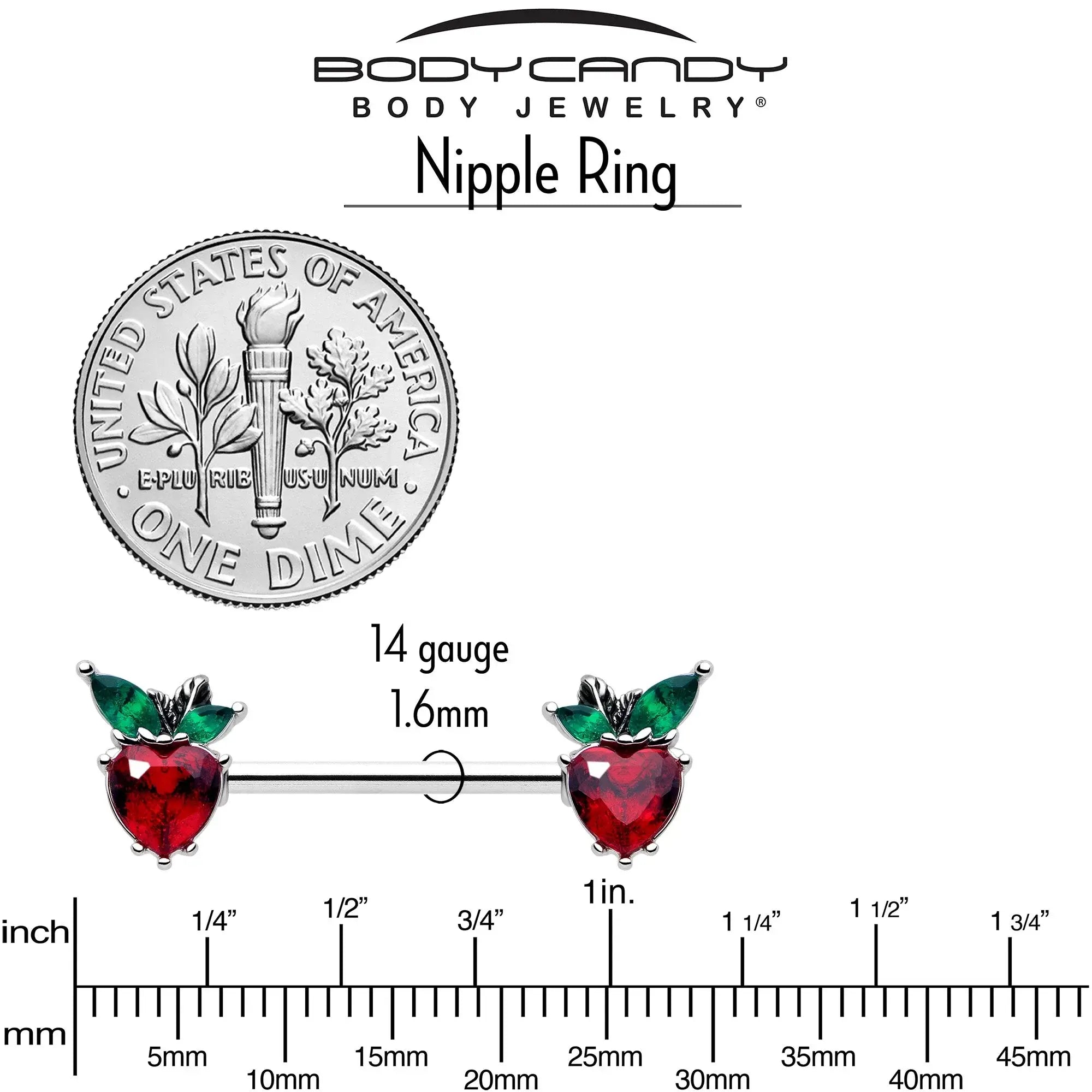 14G 9/16 Red Green Gem Strawberry Heart Barbell Nipple Ring Set - BodyCandy - Flyclothing LLC