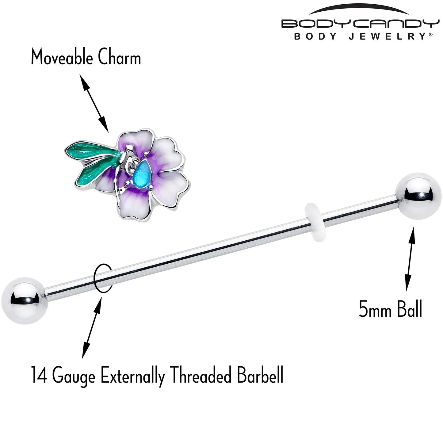 14G Blue Gem Faerie Flower Purple Industrial Barbell 38mm - BodyCandy - Flyclothing LLC