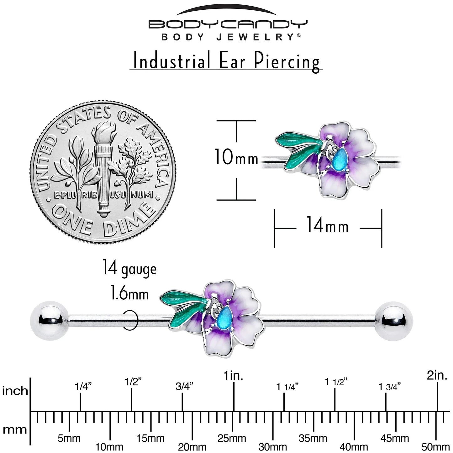 14G Blue Gem Faerie Flower Purple Industrial Barbell 38mm - BodyCandy - Flyclothing LLC