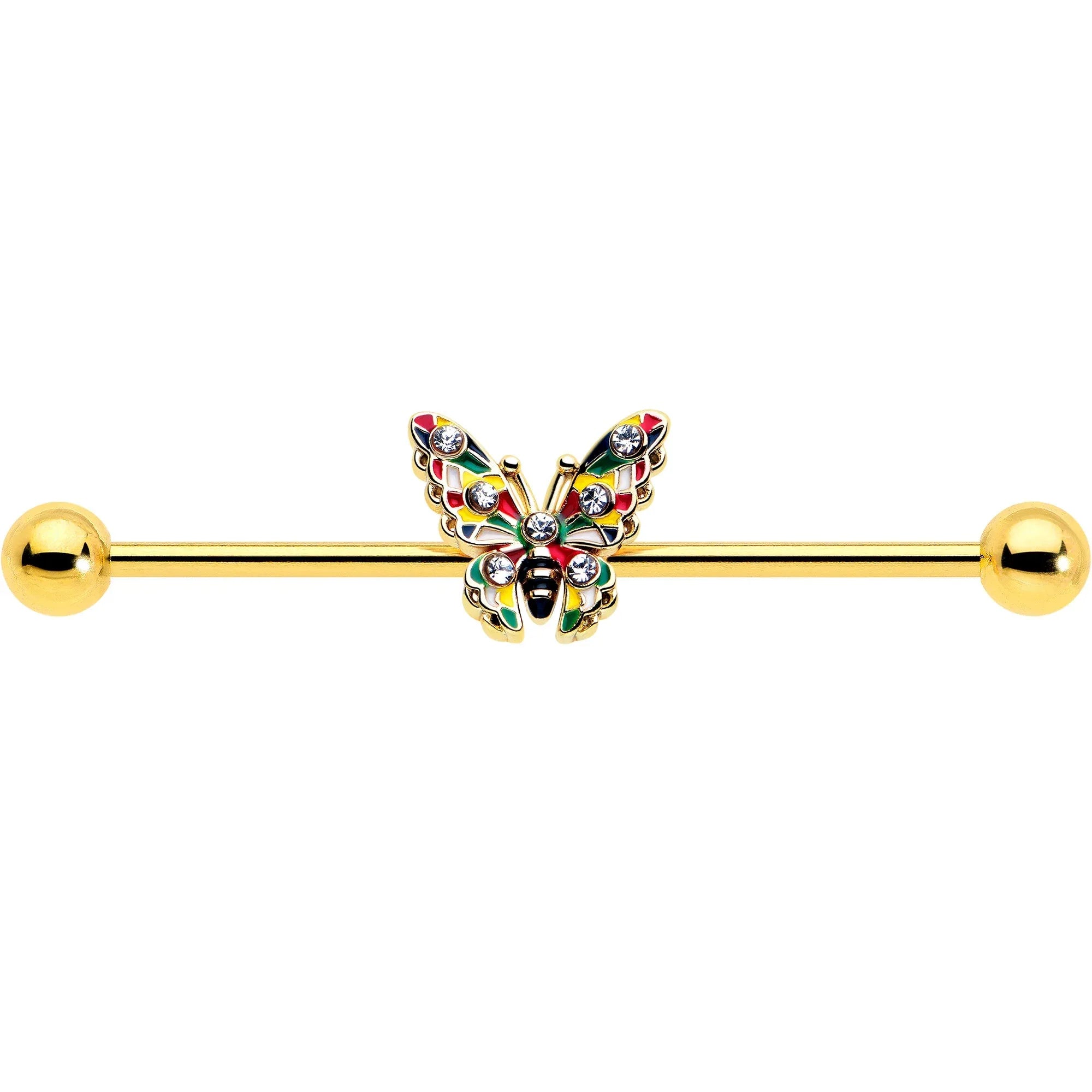 14G Clear Gem Gold Tone Color Block Butterfly Industrial Barbell 38mm - BodyCandy - Flyclothing LLC