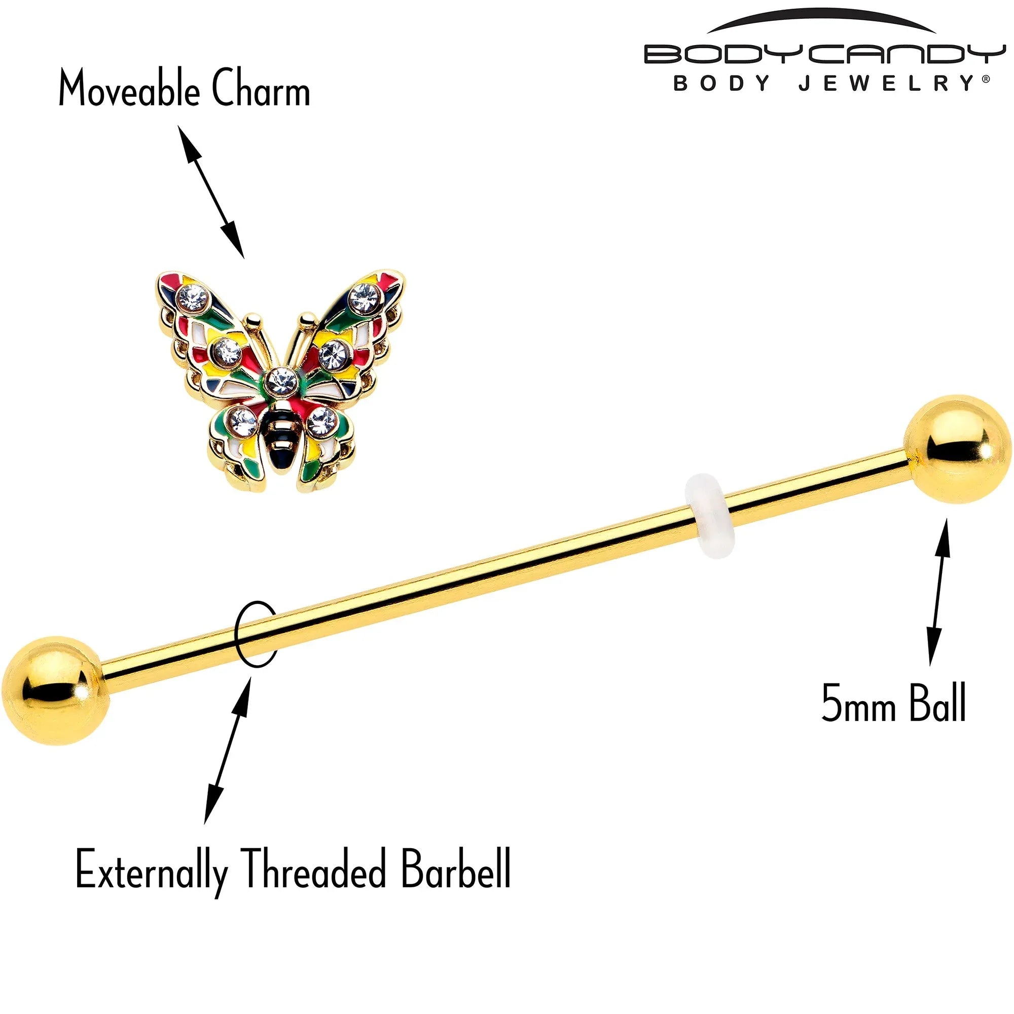 14G Clear Gem Gold Tone Color Block Butterfly Industrial Barbell 38mm - BodyCandy - Flyclothing LLC