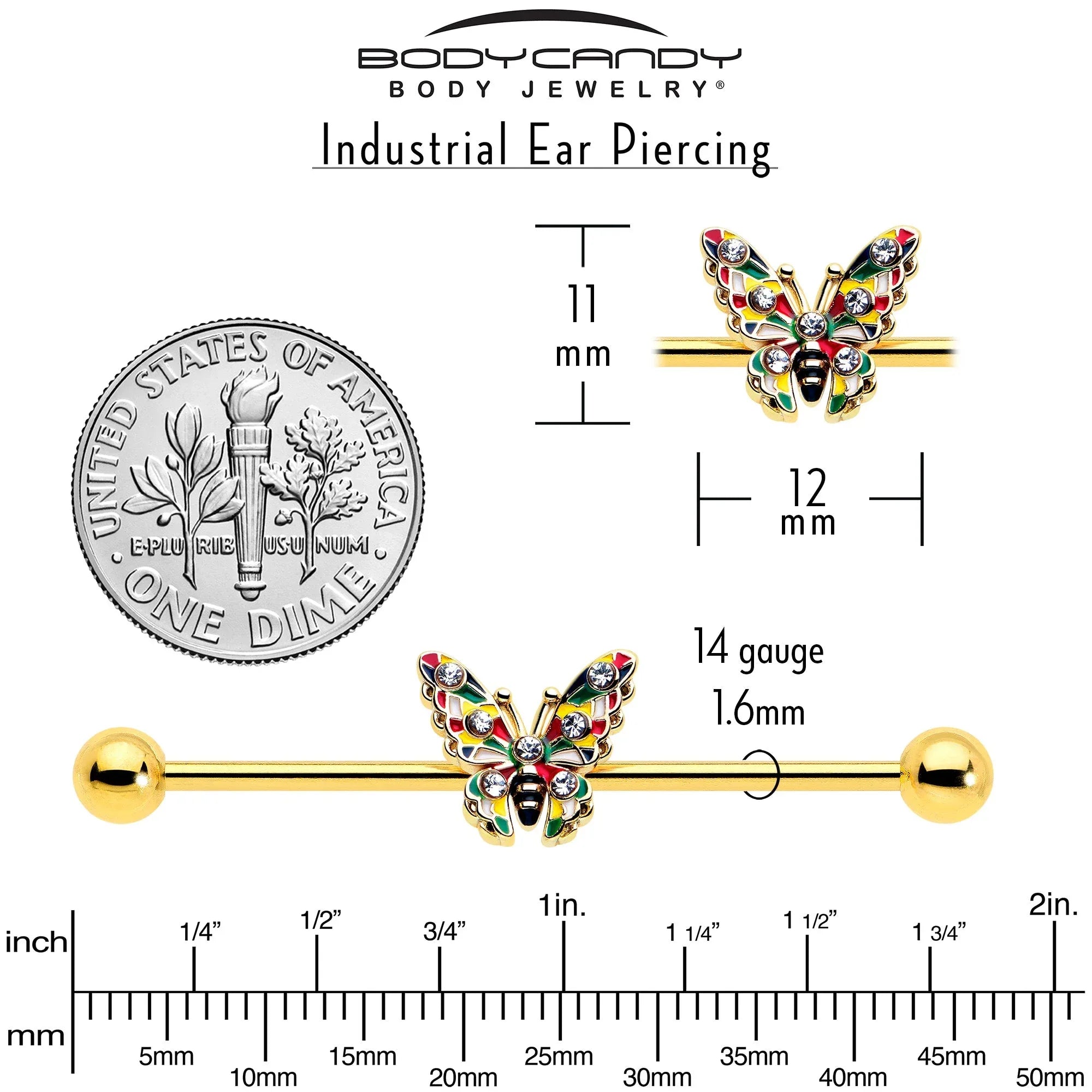 14G Clear Gem Gold Tone Color Block Butterfly Industrial Barbell 38mm - BodyCandy - Flyclothing LLC