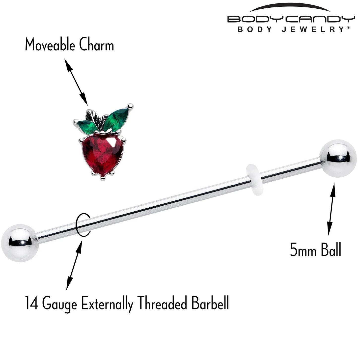 14G Red Green Gem Strawberry Heart Industrial Barbell 38mm - BodyCandy - Flyclothing LLC