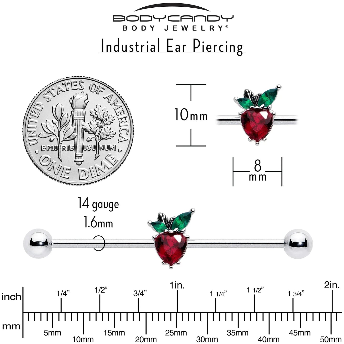 14G Red Green Gem Strawberry Heart Industrial Barbell 38mm - BodyCandy - Flyclothing LLC