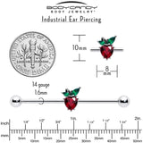 14G Red Green Gem Strawberry Heart Industrial Barbell 38mm - BodyCandy - Flyclothing LLC