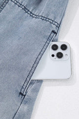 Cutout Round Neck Balloon Sleeve Denim Dress - Trendsi - Flyclothing LLC