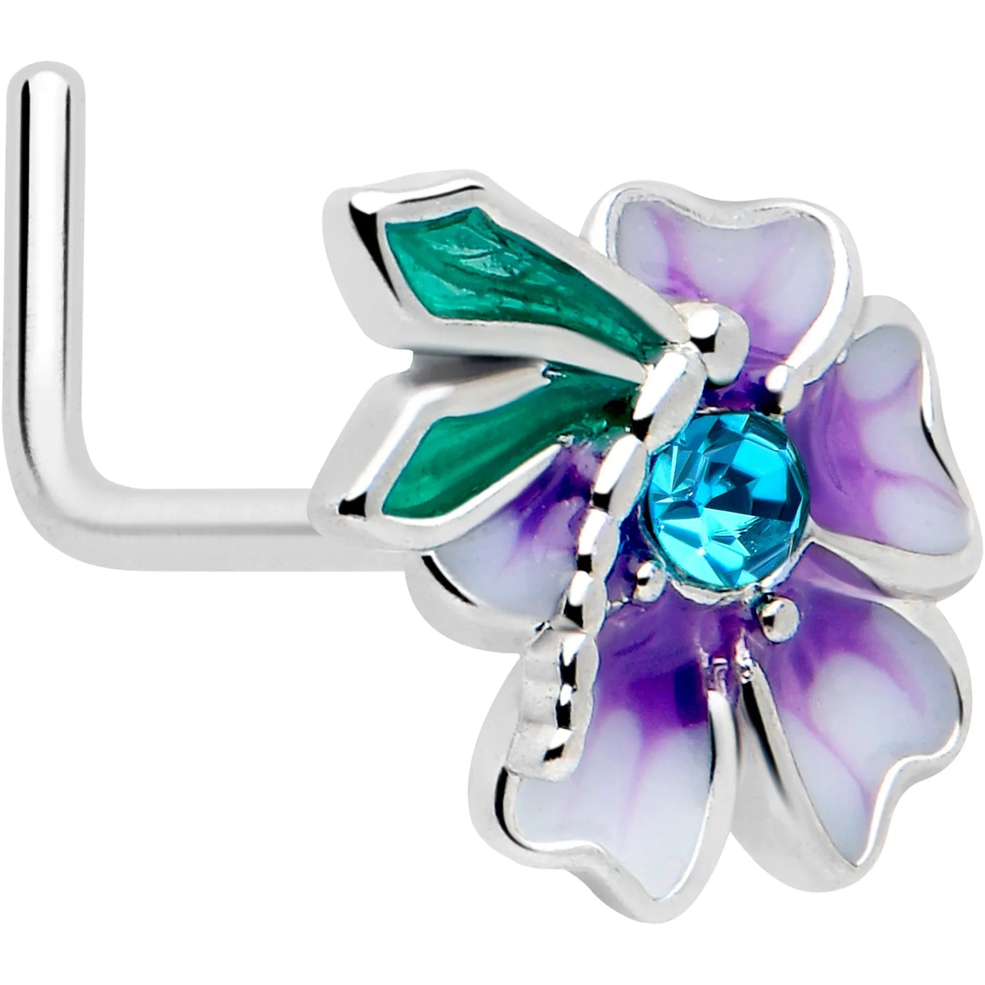 20G 7mm Blue Gem Faerie Flower Purple L Shape Nose Ring - BodyCandy - Flyclothing LLC