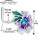 20G 7mm Blue Gem Faerie Flower Purple L Shape Nose Ring - BodyCandy - Flyclothing LLC