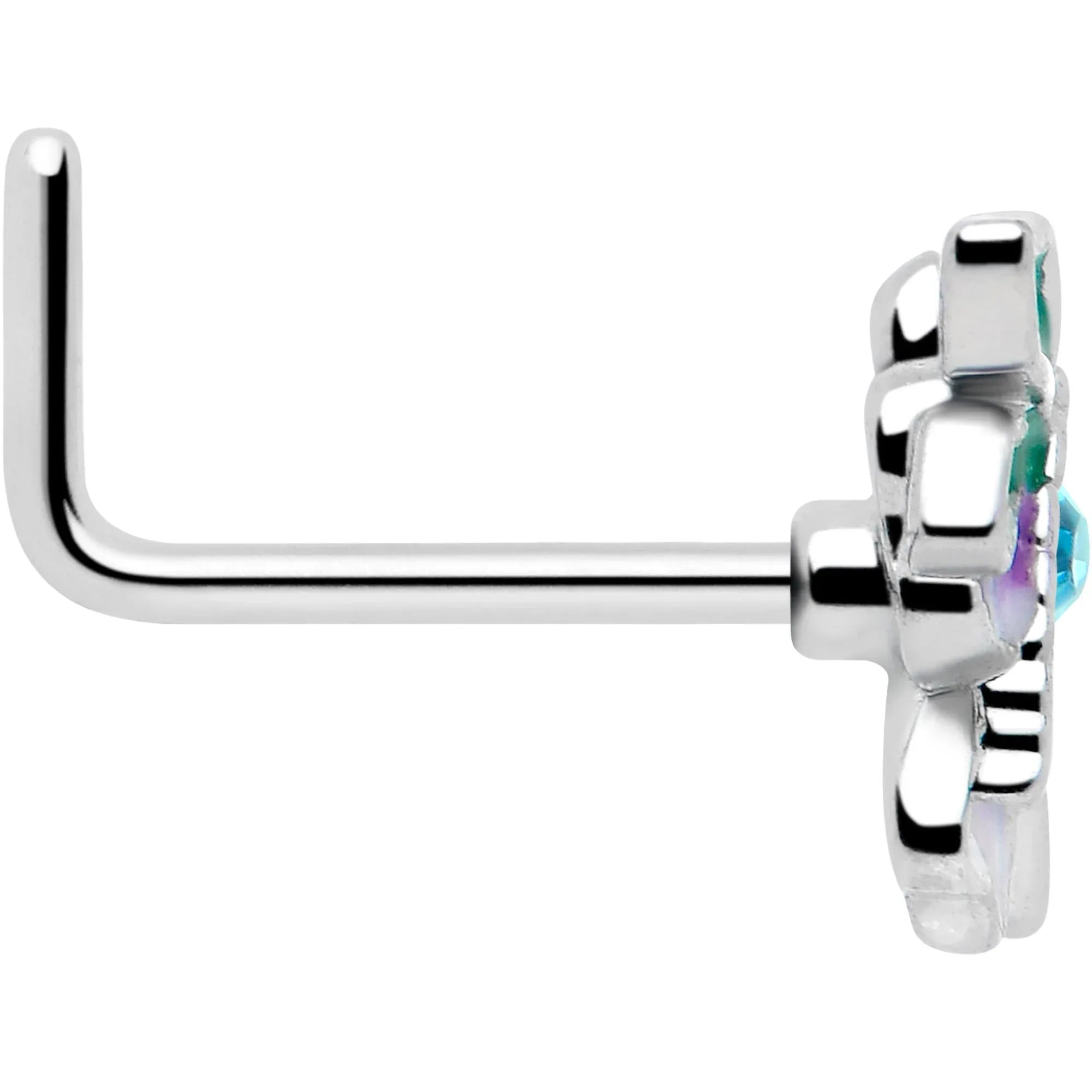 20G 7mm Blue Gem Faerie Flower Purple L Shape Nose Ring - BodyCandy - Flyclothing LLC