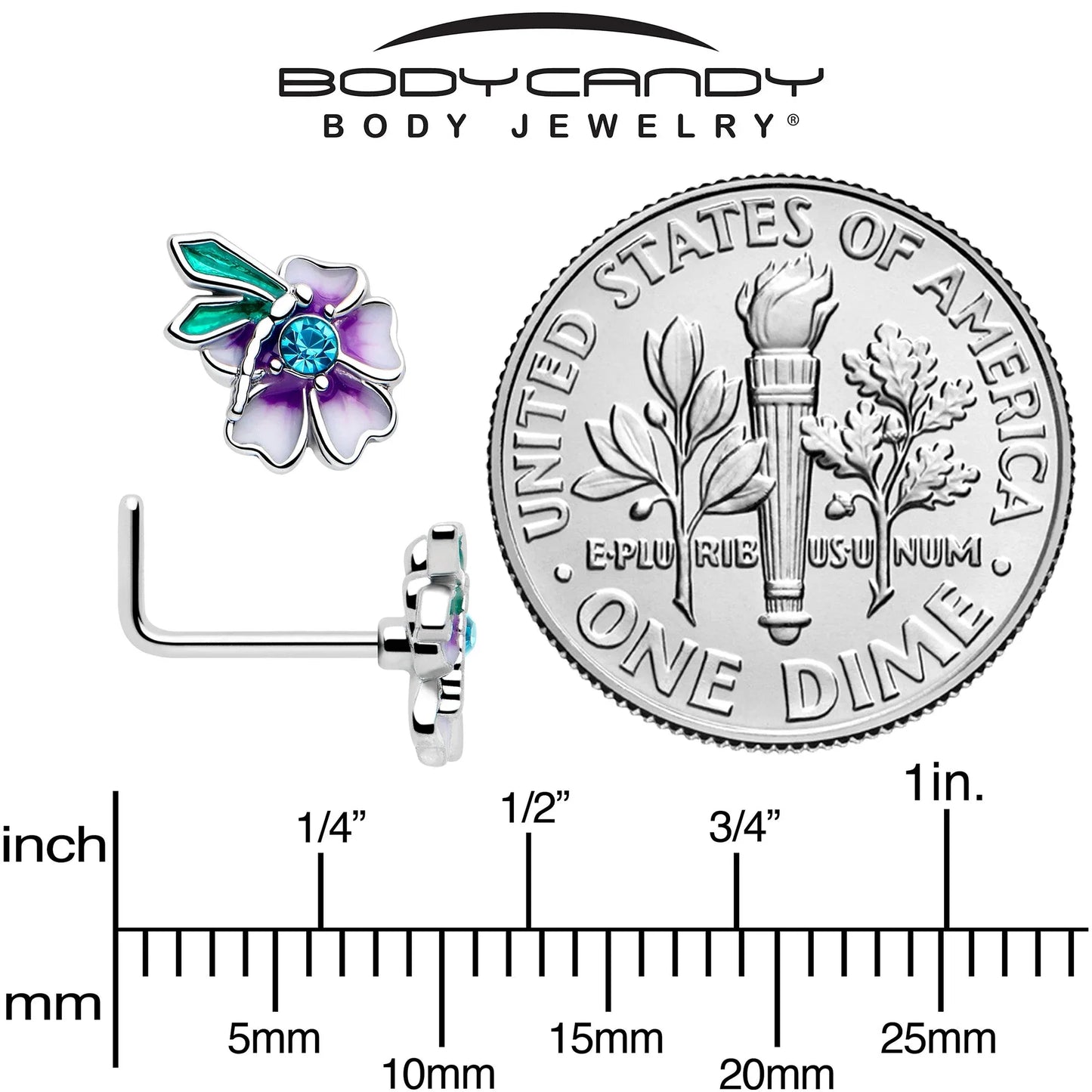20G 7mm Blue Gem Faerie Flower Purple L Shape Nose Ring - BodyCandy - Flyclothing LLC