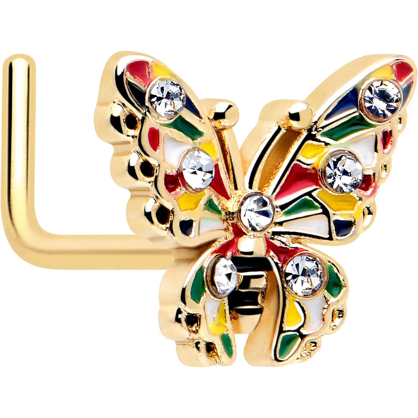 20G 7mm Clear Gem Gold Tone Color Block Butterfly L Shape Nose Ring - BodyCandy - Flyclothing LLC