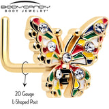 20G 7mm Clear Gem Gold Tone Color Block Butterfly L Shape Nose Ring - BodyCandy - Flyclothing LLC