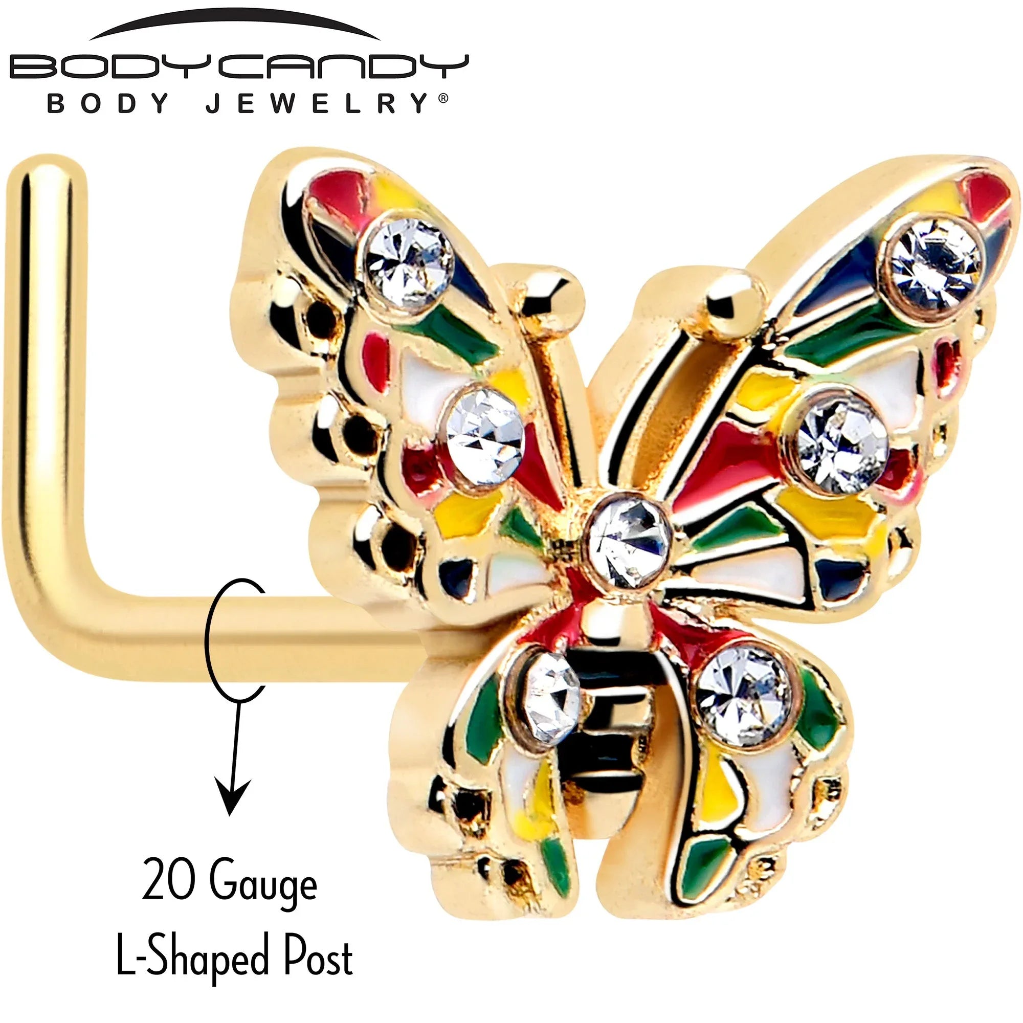 20G 7mm Clear Gem Gold Tone Color Block Butterfly L Shape Nose Ring - BodyCandy - Flyclothing LLC