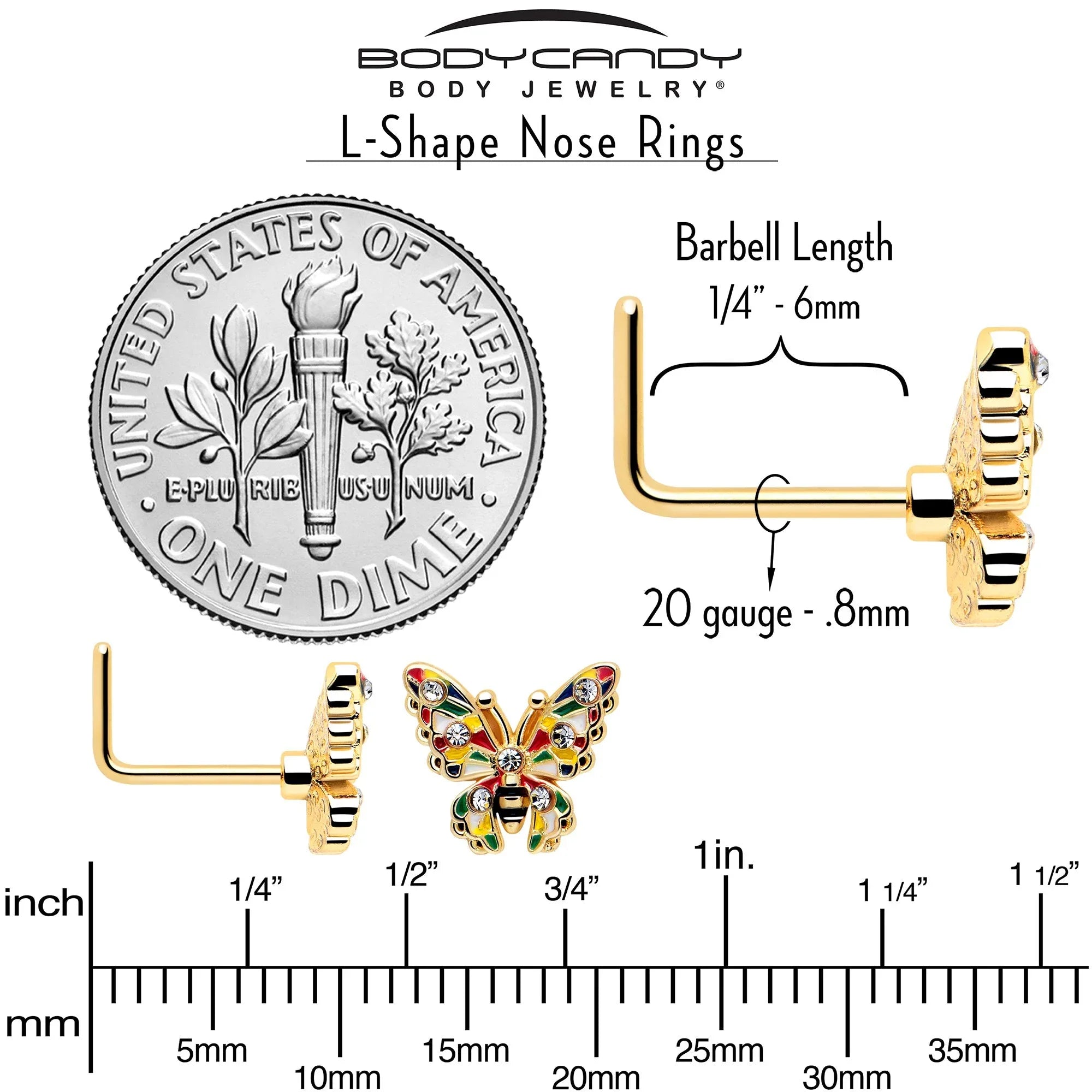 20G 7mm Clear Gem Gold Tone Color Block Butterfly L Shape Nose Ring - BodyCandy - Flyclothing LLC