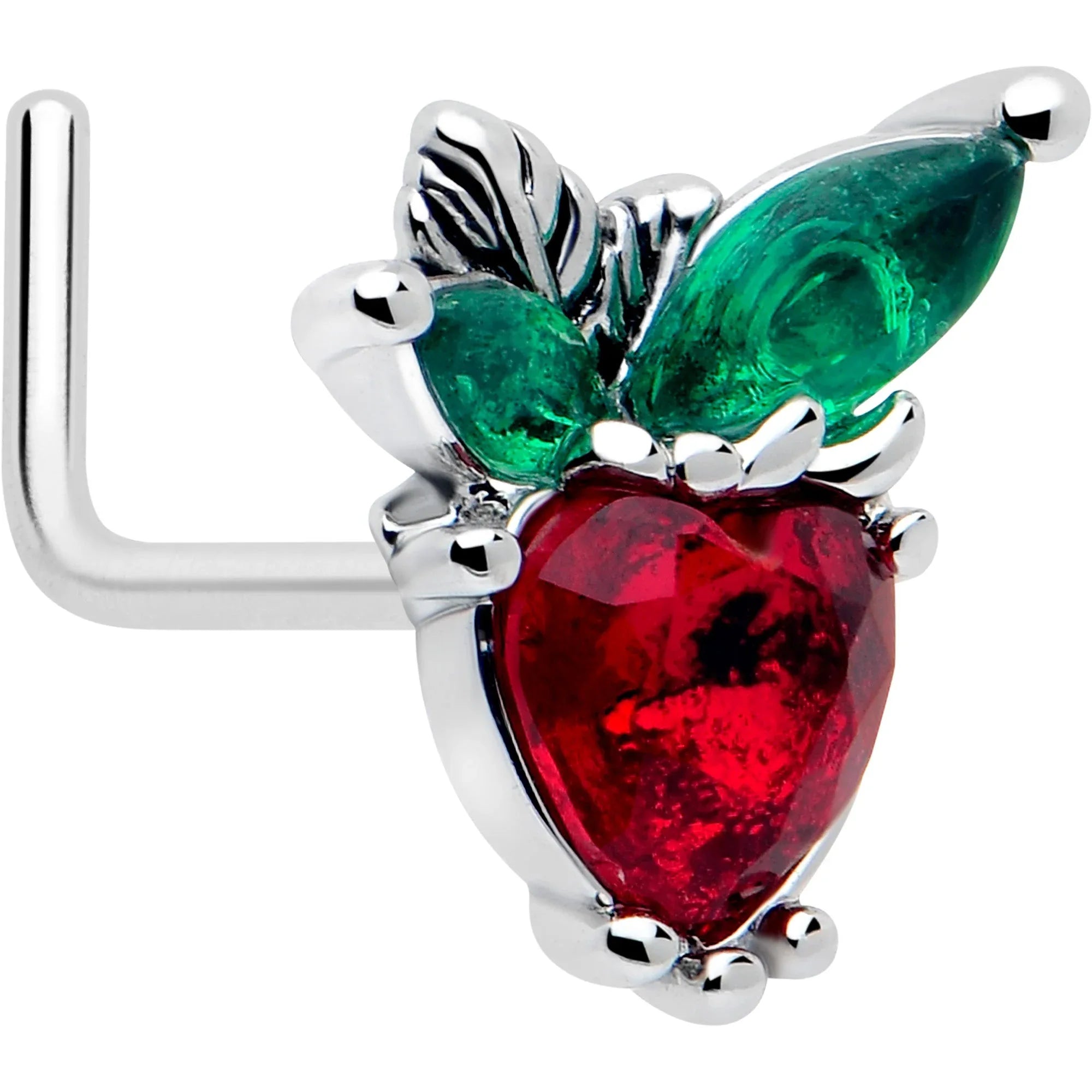 20G 7mm Red Green Gem Strawberry Heart L Shape Nose Ring - BodyCandy - Flyclothing LLC