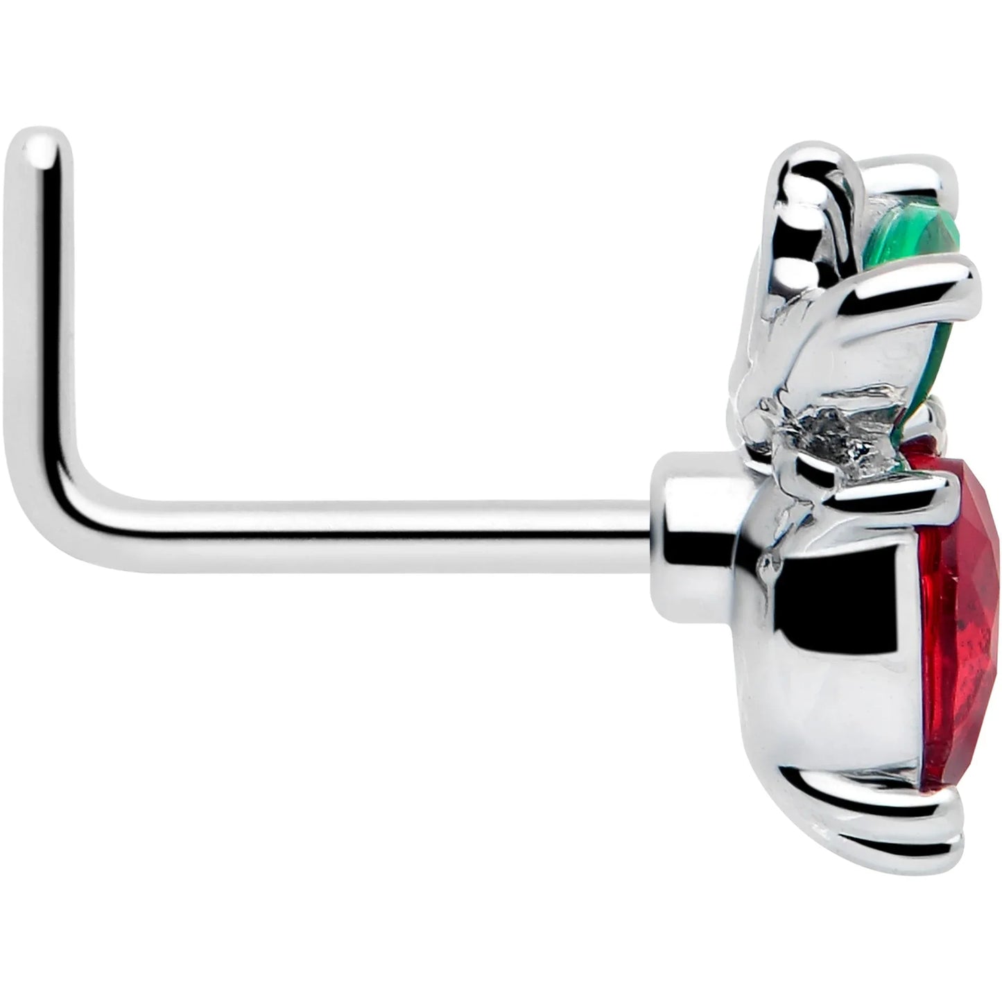 20G 7mm Red Green Gem Strawberry Heart L Shape Nose Ring - BodyCandy - Flyclothing LLC