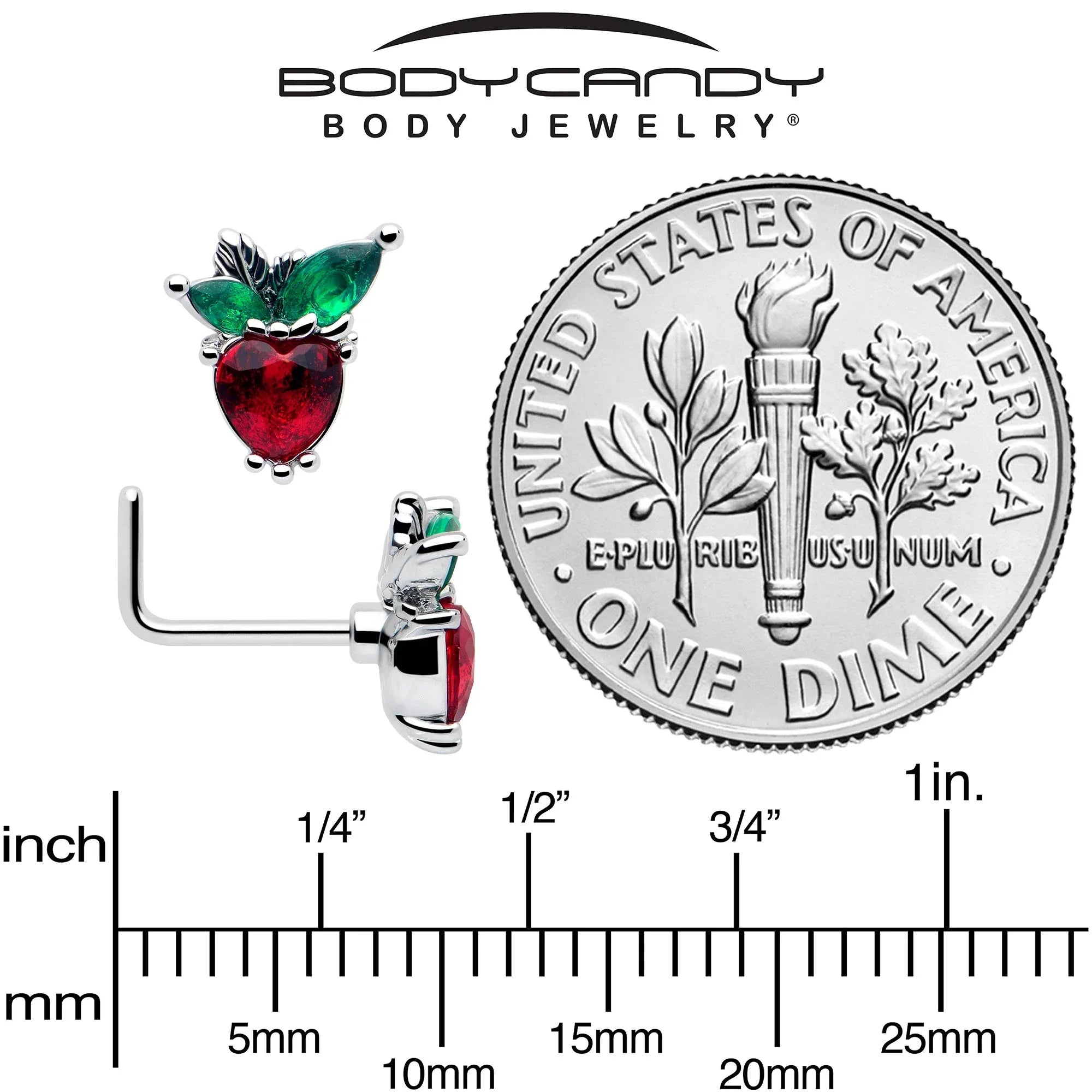 20G 7mm Red Green Gem Strawberry Heart L Shape Nose Ring - BodyCandy - Flyclothing LLC