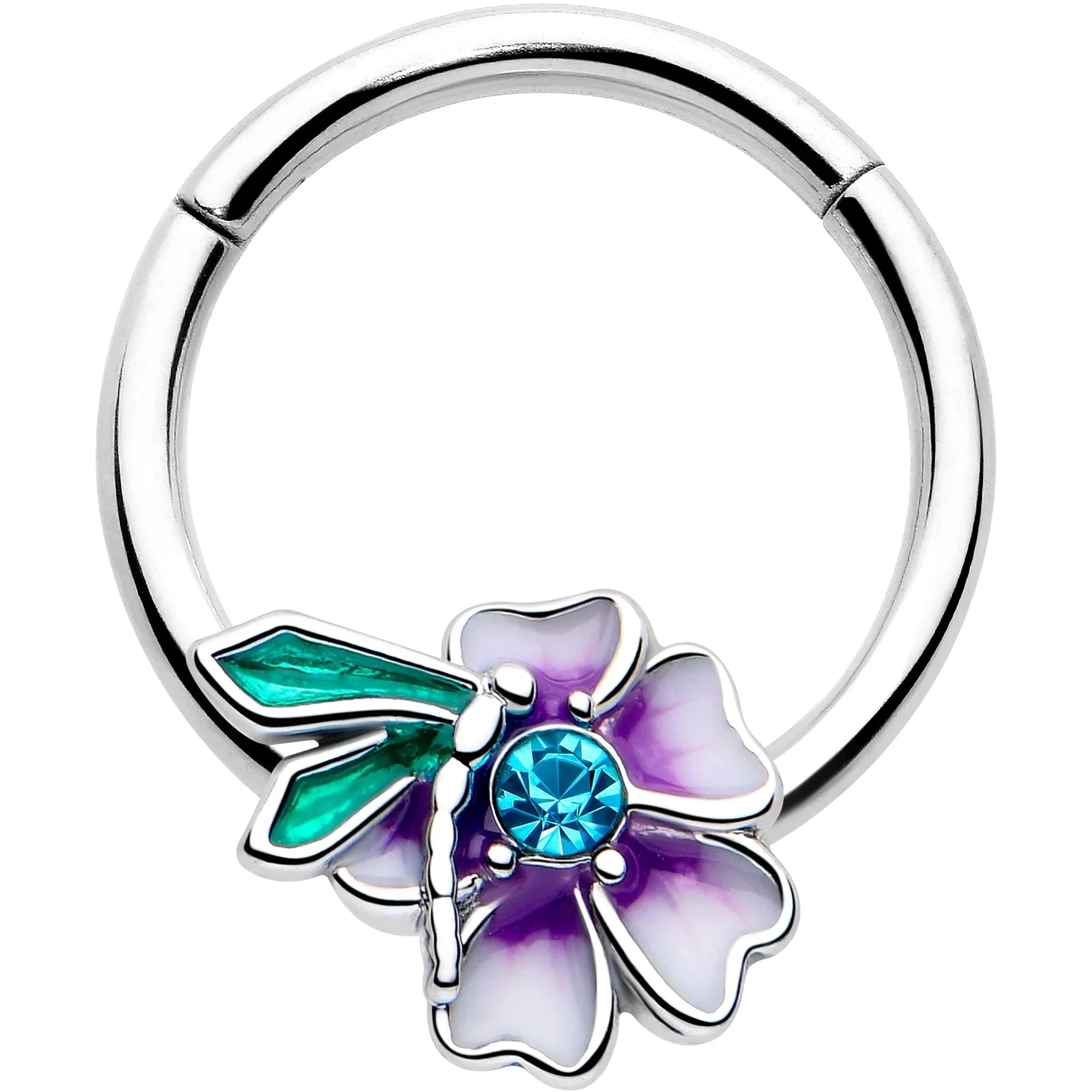 16G 3/8 Blue Gem Faerie Flower Purple Hinged Segment Ring - BodyCandy - Flyclothing LLC