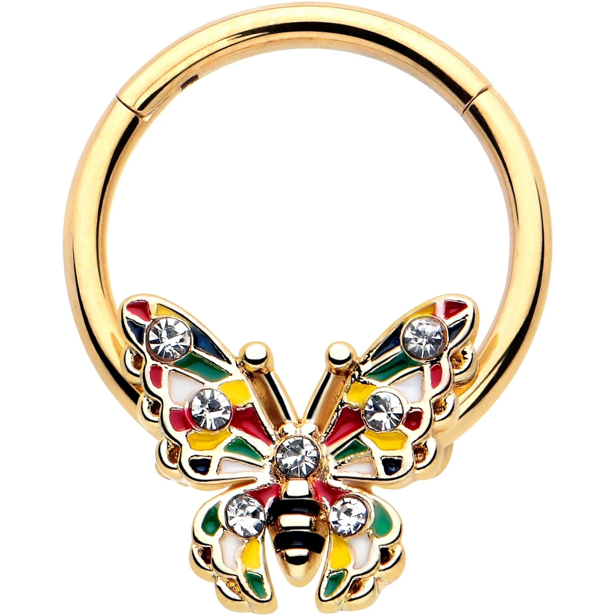 16G 3/8 Clear Gem Gold Tone Color Block Butterfly Hinged Segment Ring - BodyCandy - Flyclothing LLC