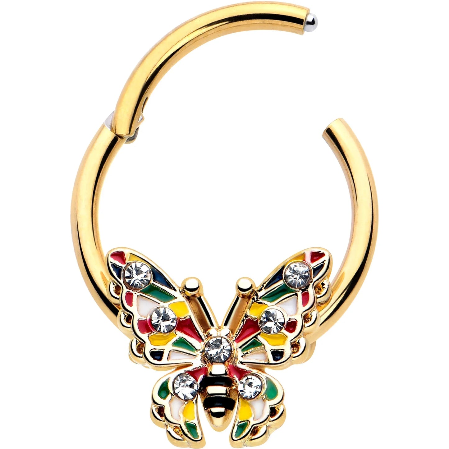 16G 3/8 Clear Gem Gold Tone Color Block Butterfly Hinged Segment Ring - BodyCandy - Flyclothing LLC