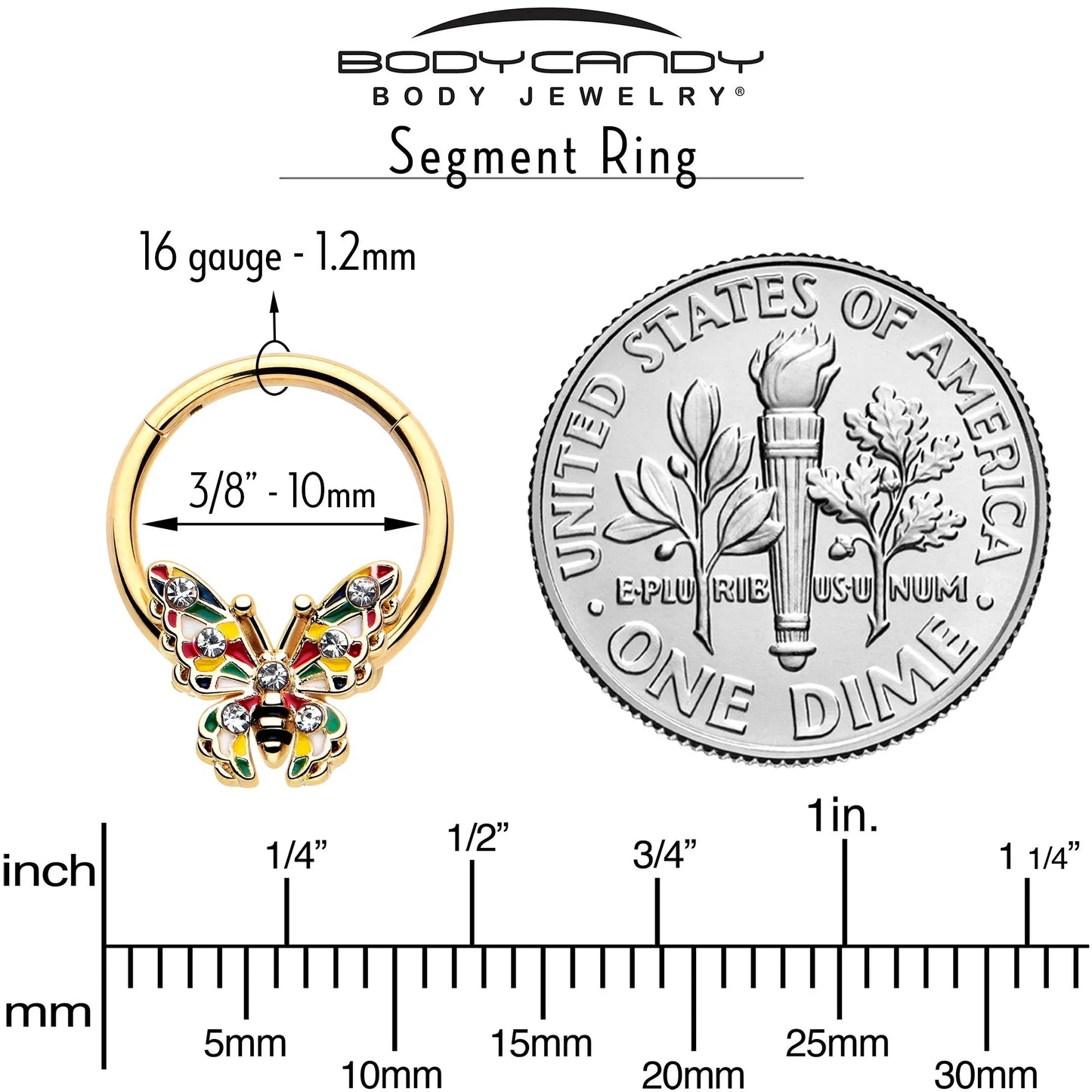 16G 3/8 Clear Gem Gold Tone Color Block Butterfly Hinged Segment Ring - BodyCandy - Flyclothing LLC