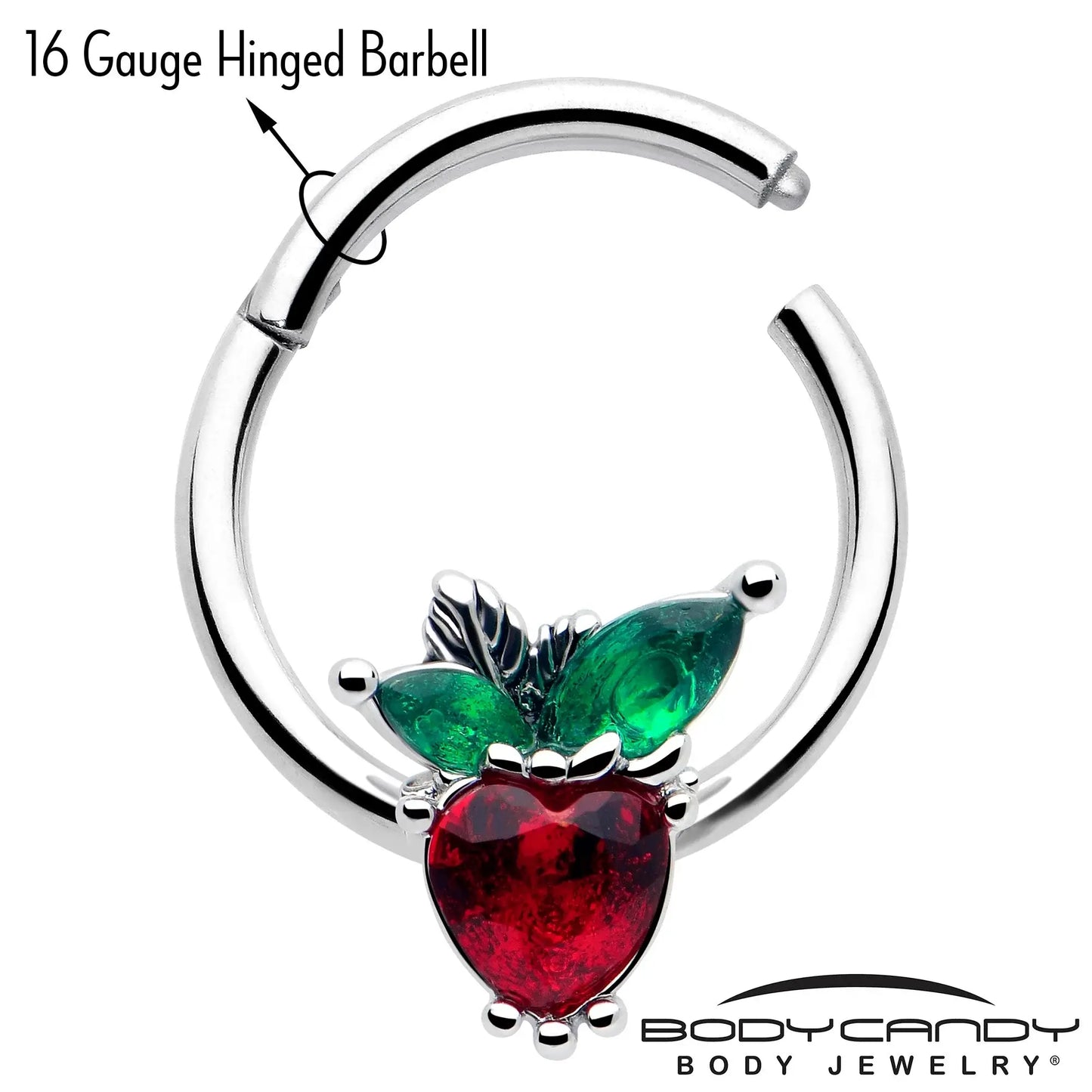 16G 3/8 Red Green Gem Strawberry Heart Hinged Segment Ring - BodyCandy - Flyclothing LLC