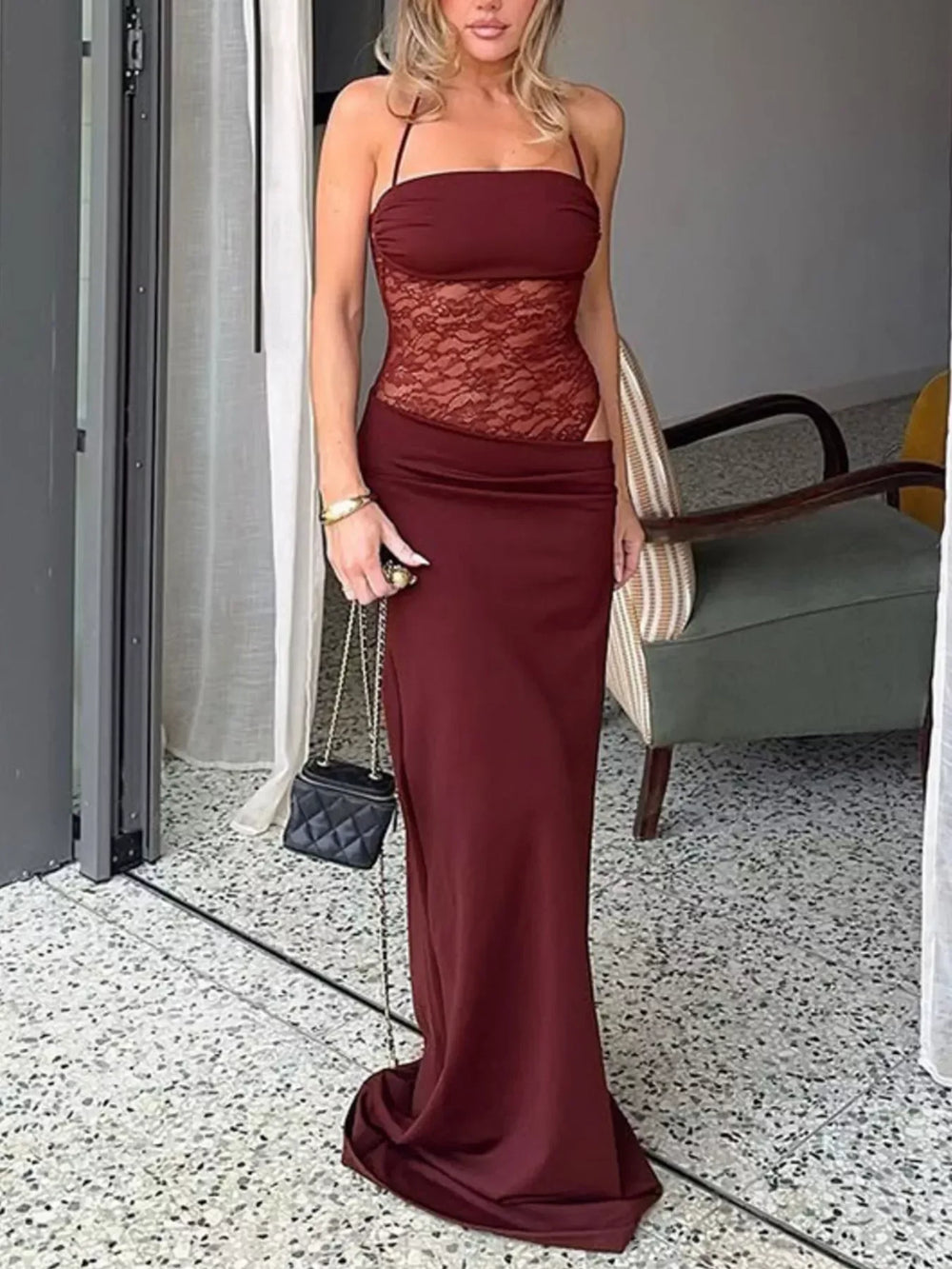 Lace Cutout Tie Shoulder Maxi Dress - Trendsi - Flyclothing LLC