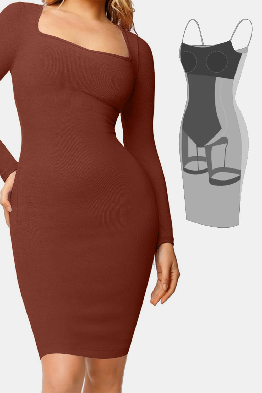 Basic Bae Full Size Built-In Shapewear Square Neck Long Sleeve Dress - ShopBasicbae - Flyclothing LLC