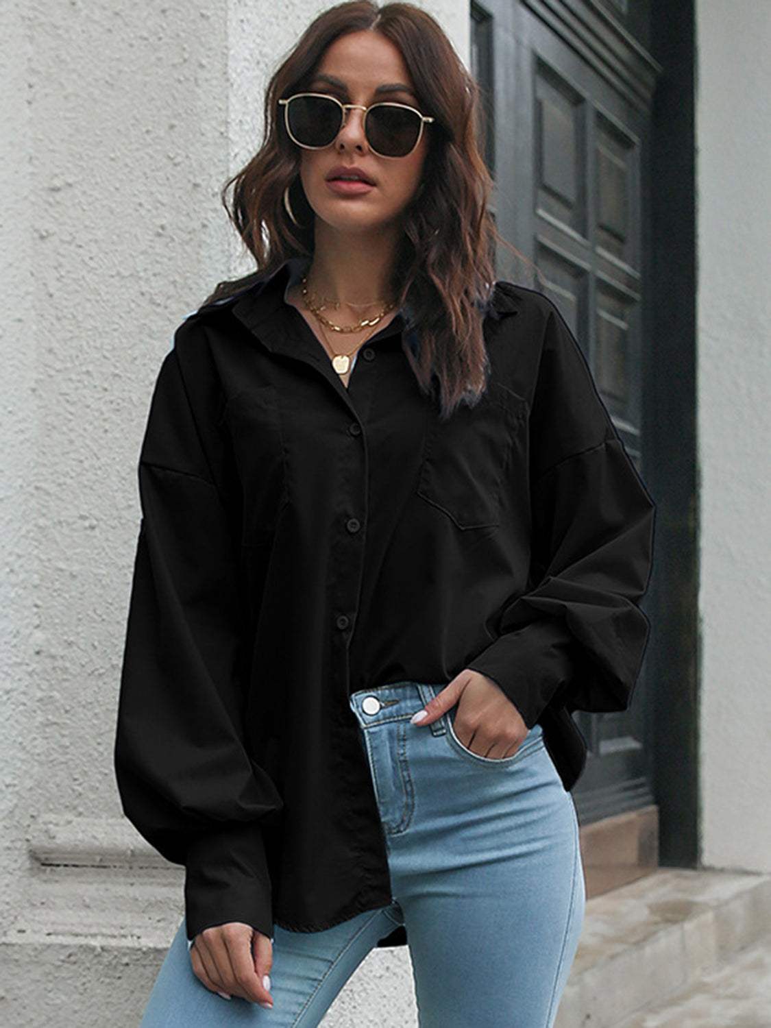 Button Up Dropped Shoulder Lantern Sleeve Shirt - Trendsi - Flyclothing LLC