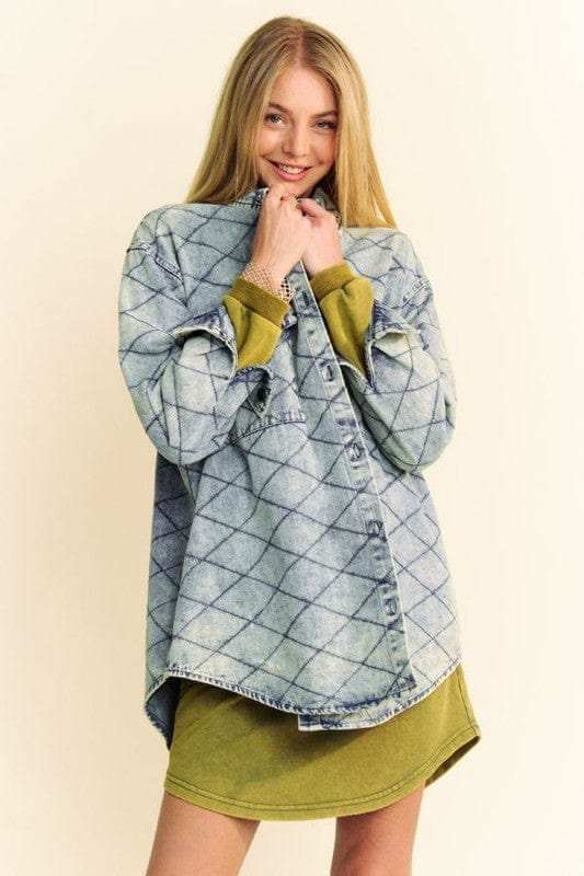 Davi & Dani Curved Hem Diamond Quilted Button Up Denim Shacket - Trendsi - Flyclothing LLC