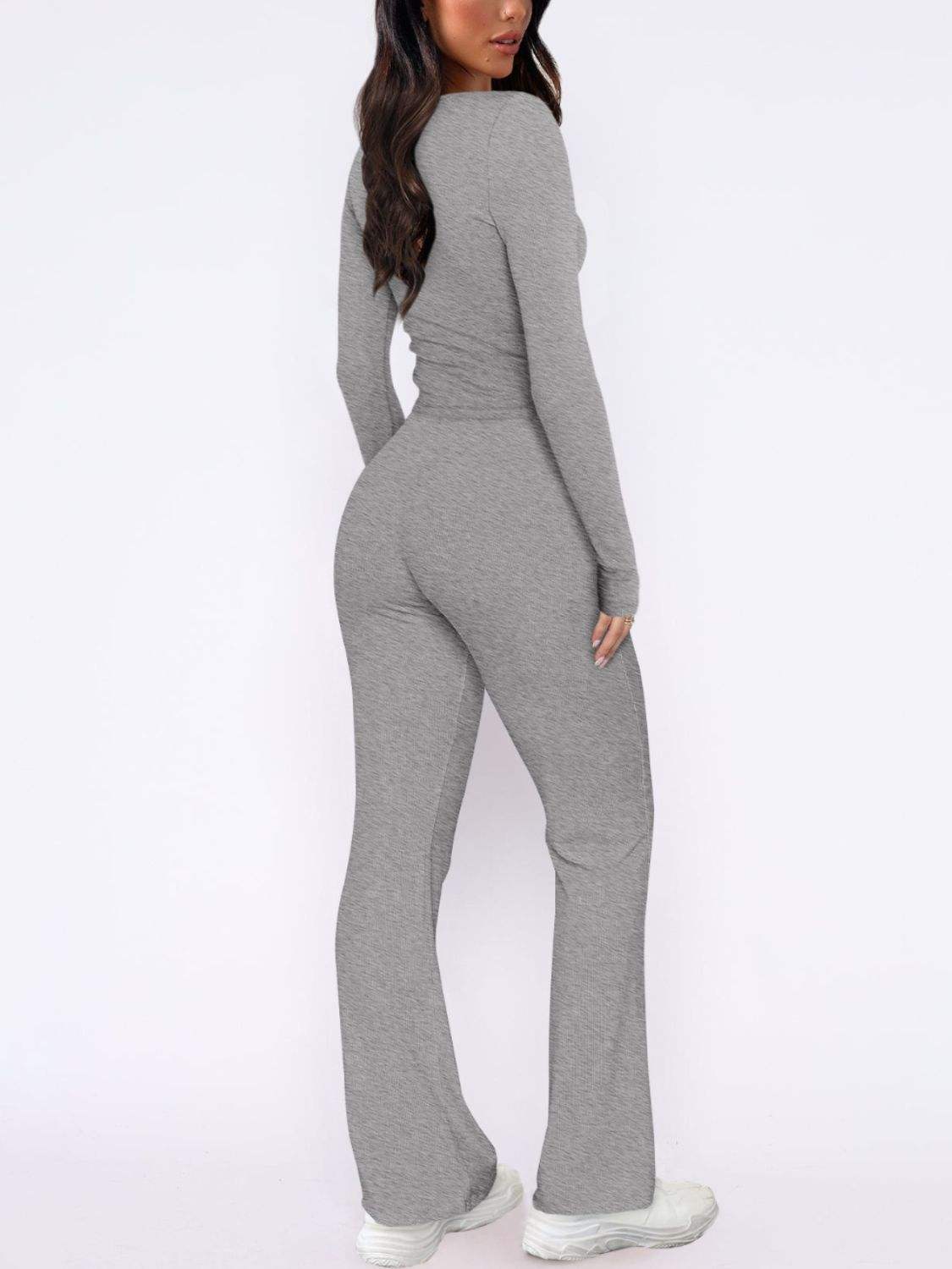 V-Neck Long Sleeve Top and Pants Set - Trendsi - Flyclothing LLC