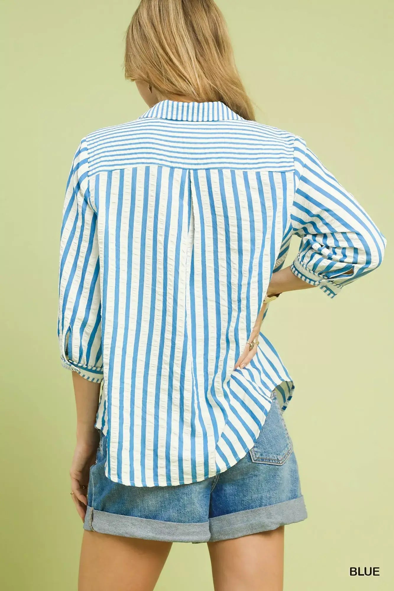 Umgee Striped Collared Neck Blouse - Trendsi - Flyclothing LLC