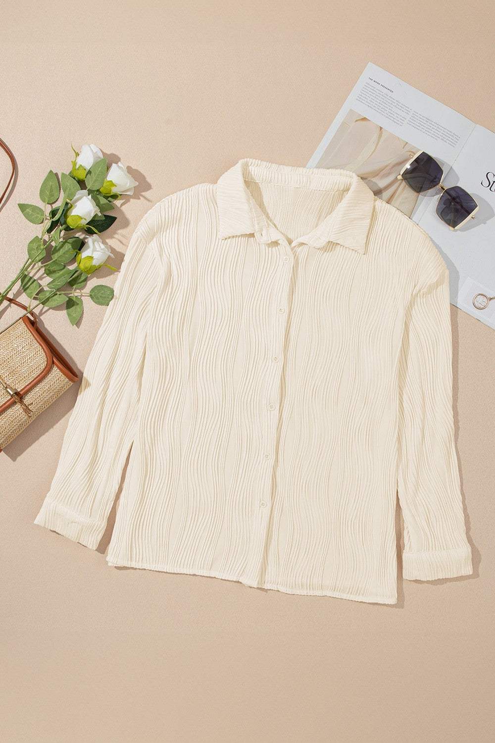 Textured Collared Neck Long Sleeve Shirt - Trendsi - Flyclothing LLC