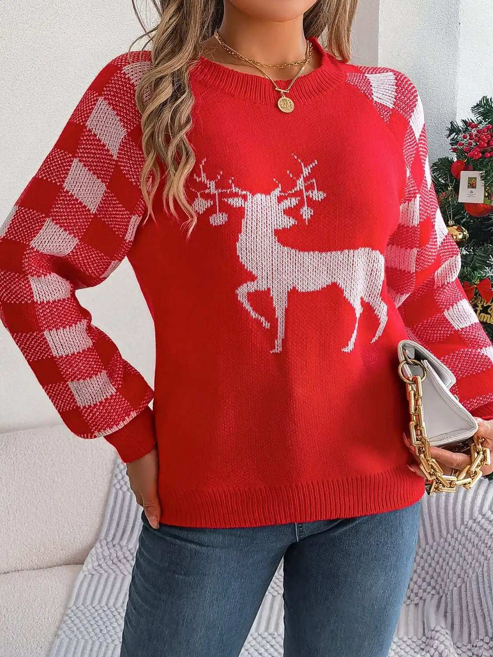 Reindeer Plaid Round Neck Long Sleeve Sweater - Trendsi - Flyclothing LLC