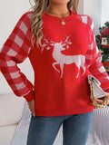 Reindeer Plaid Round Neck Long Sleeve Sweater - Trendsi - Flyclothing LLC