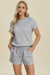 Double Take Full Size Texture Short Sleeve Top and Shorts Set - Trendsi - Flyclothing LLC