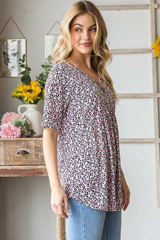 Heimish Full Size Short Sleeve Crisscross Animal Babydoll Top Plus Size - Trendsi - Flyclothing LLC