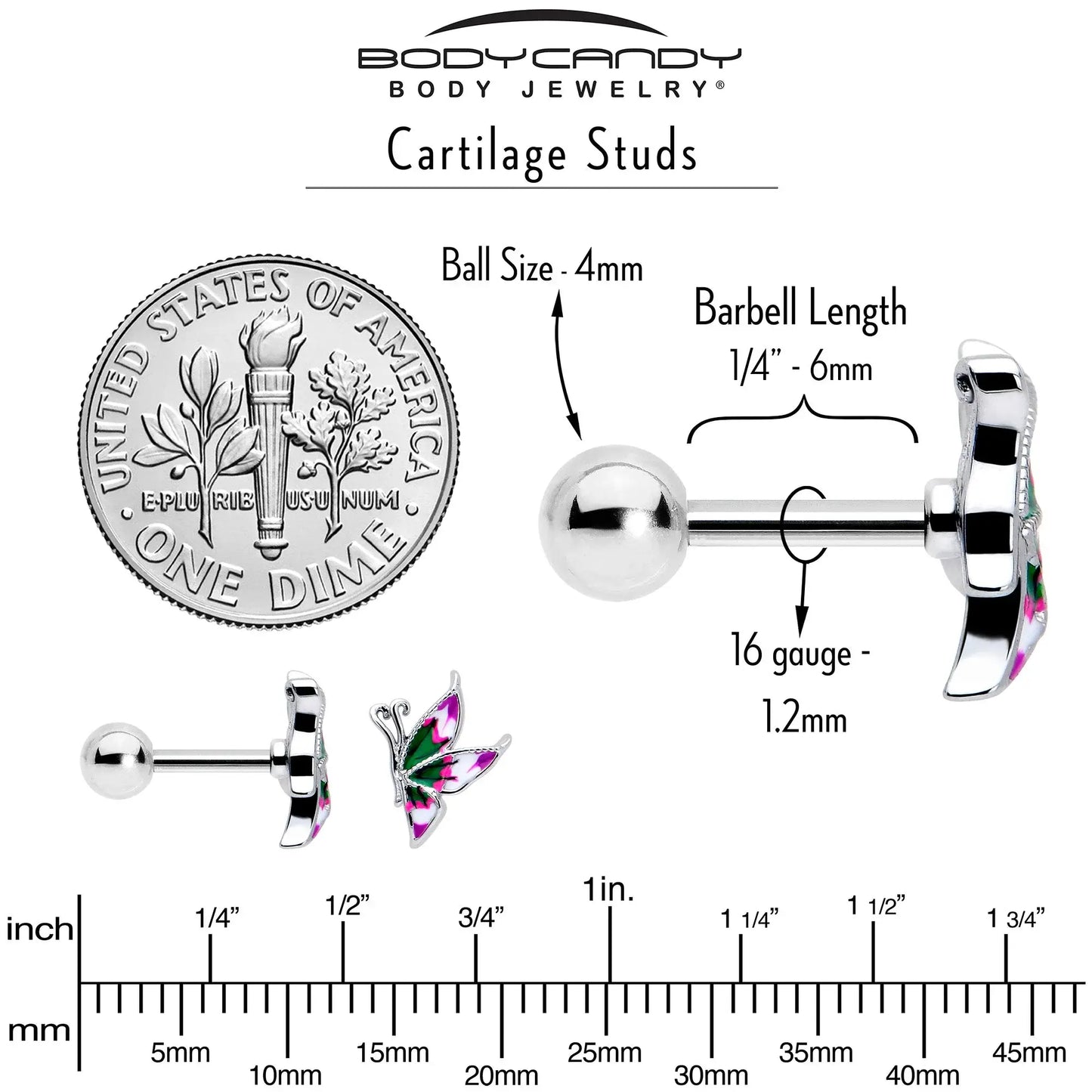 16G 1/4 Profile Butterfly Cartilage Tragus Earring - BodyCandy - Flyclothing LLC