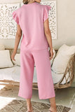 Textured Pearled Ruffled Sleeve Top and Wide Leg Pants Set - Trendsi