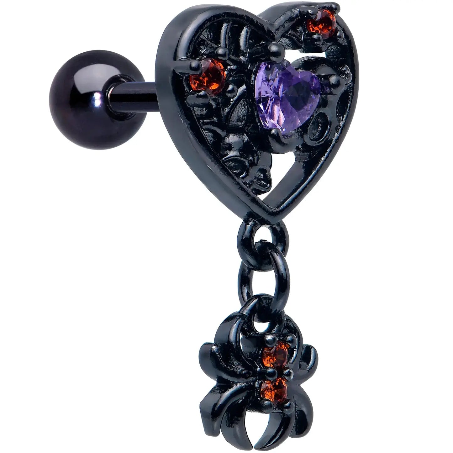 16G 1/4 Red CZ Gem Black Heart Spider Skull Dangle Cartilage Earring - BodyCandy - Flyclothing LLC