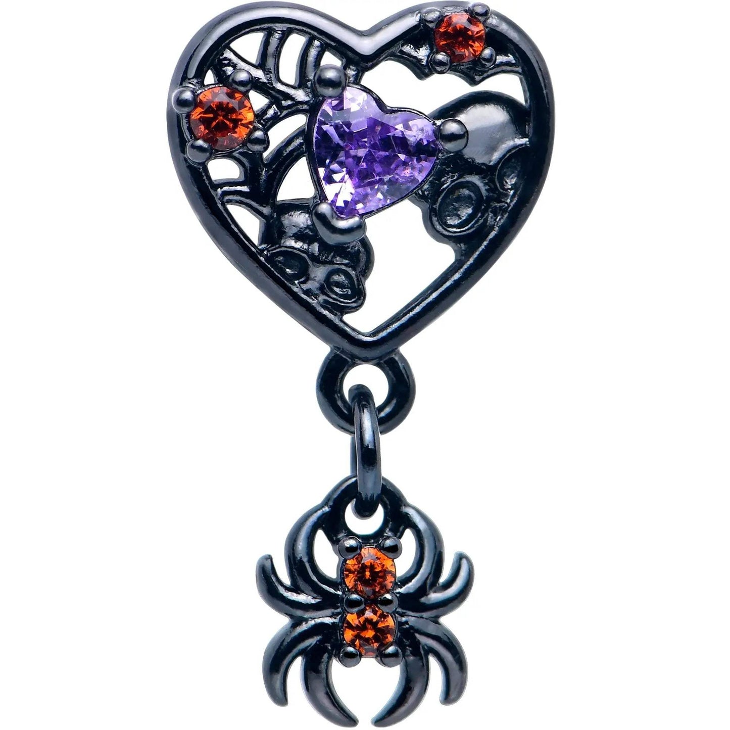 16G 1/4 Red CZ Gem Black Heart Spider Skull Dangle Cartilage Earring - BodyCandy - Flyclothing LLC