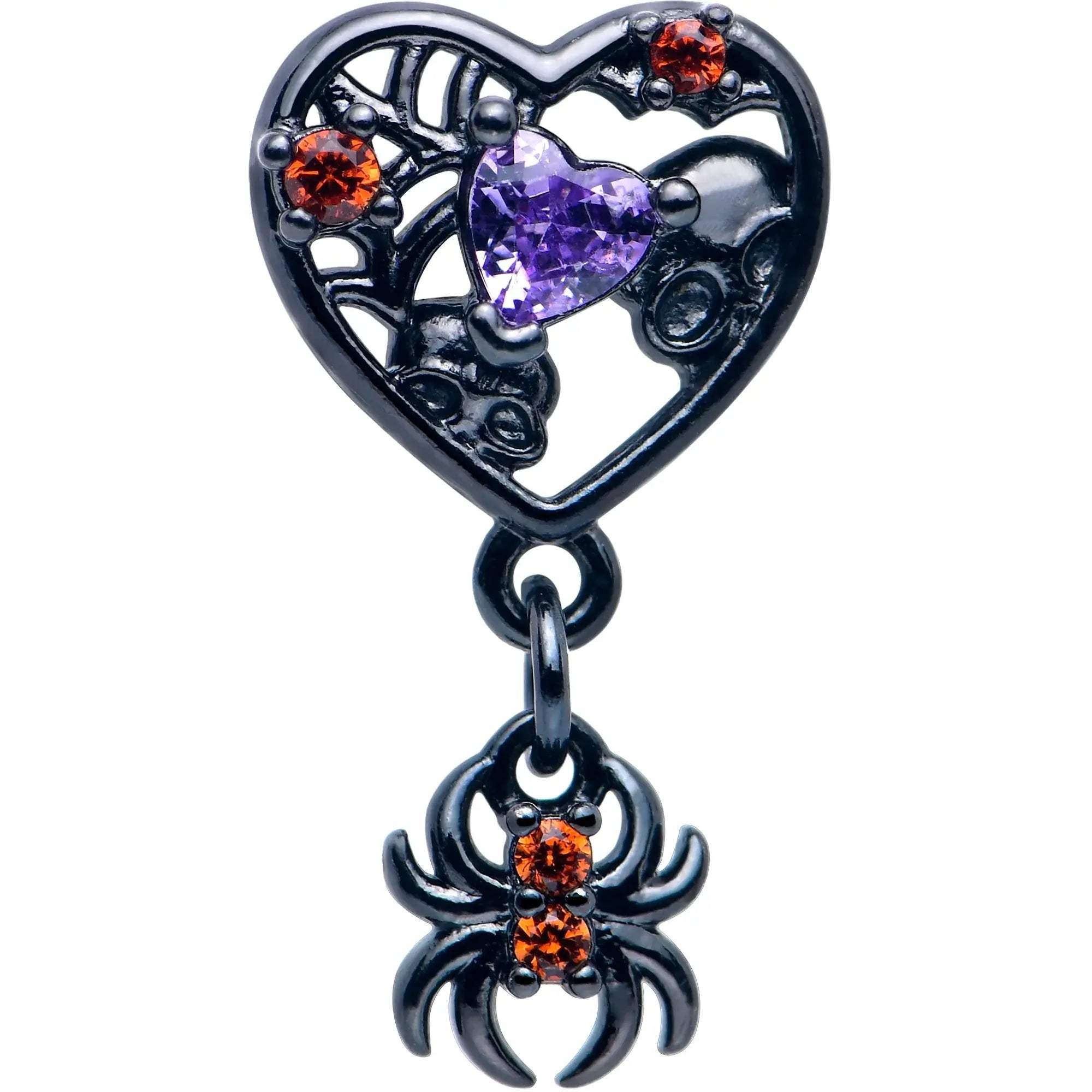 16G 1/4 Red CZ Gem Black Heart Spider Skull Dangle Cartilage Earring - BodyCandy - Flyclothing LLC