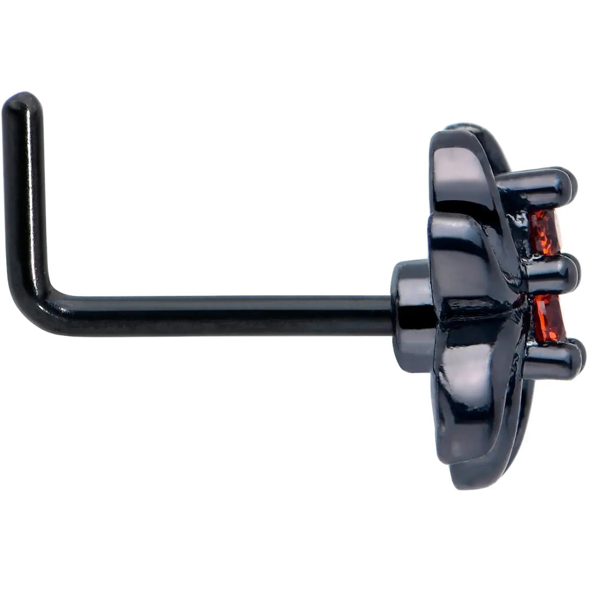 20G 7mm Red CZ Gem Black Sleek Spider L Shape Nose Ring - BodyCandy - Flyclothing LLC