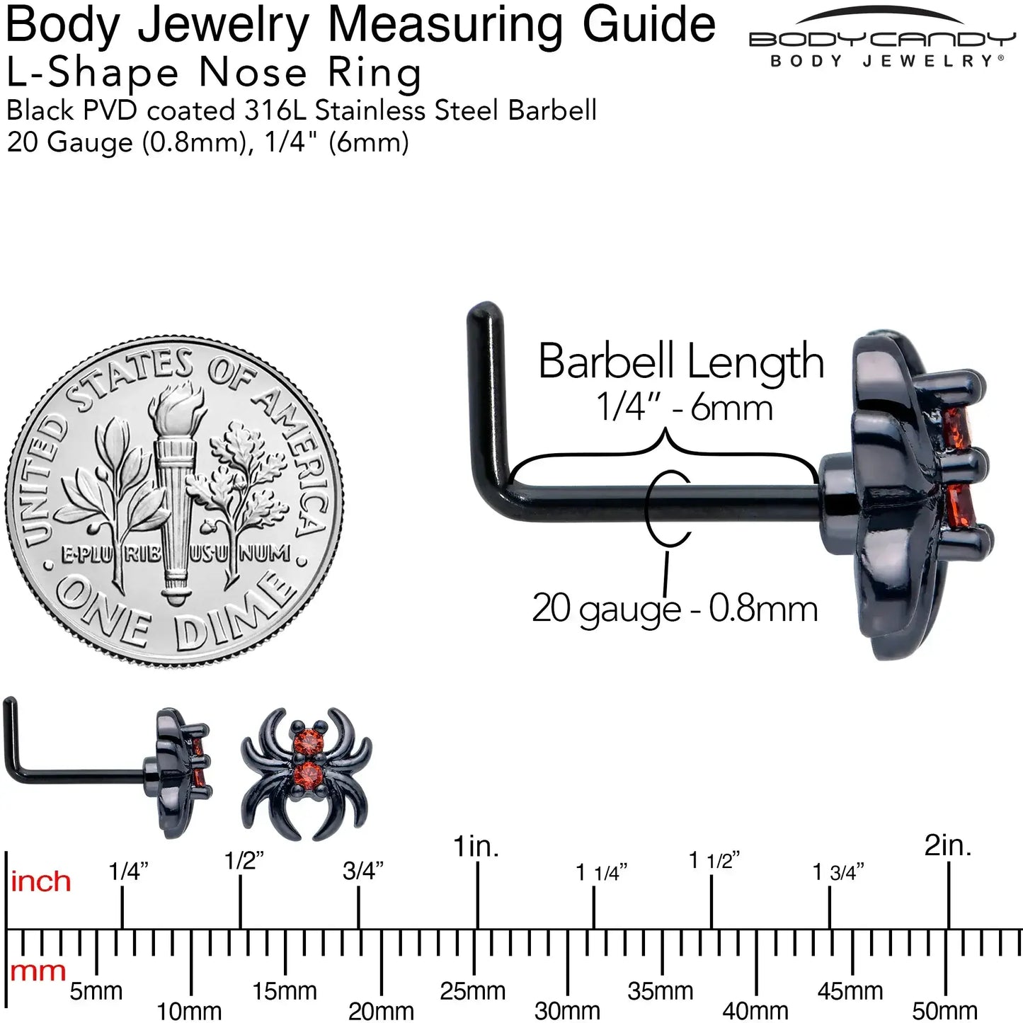 20G 7mm Red CZ Gem Black Sleek Spider L Shape Nose Ring - BodyCandy - Flyclothing LLC
