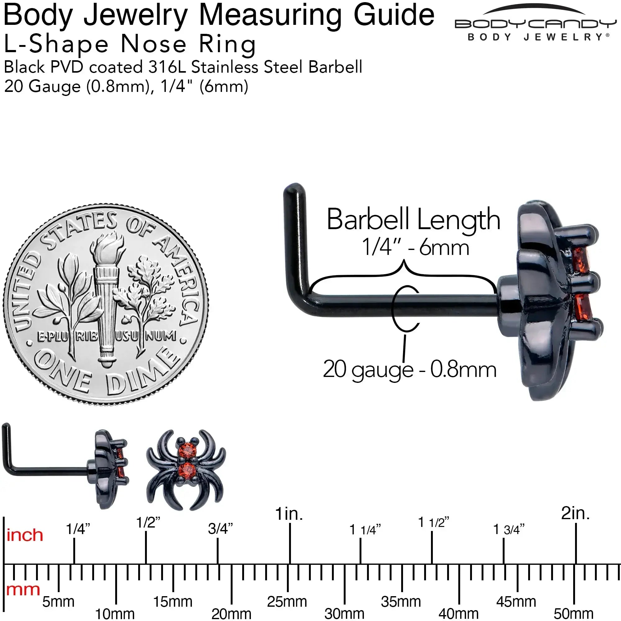 20G 7mm Red CZ Gem Black Sleek Spider L Shape Nose Ring - BodyCandy - Flyclothing LLC