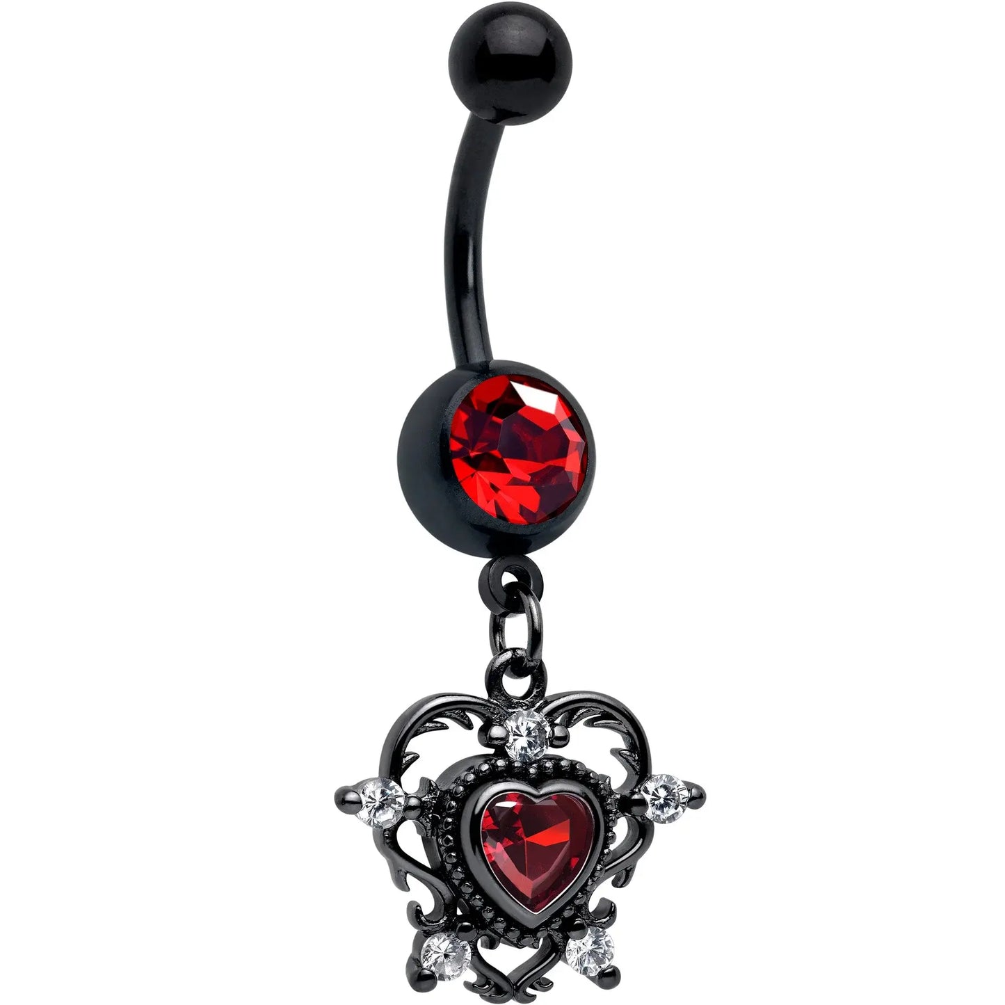 Red CZ Gem Black Double Heart Dangle Belly Ring - BodyCandy - Flyclothing LLC