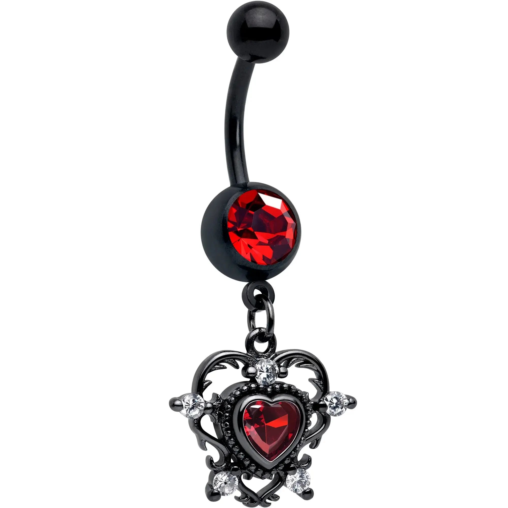 Red CZ Gem Black Double Heart Dangle Belly Ring - BodyCandy - Flyclothing LLC