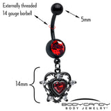 Red CZ Gem Black Double Heart Dangle Belly Ring - BodyCandy - Flyclothing LLC
