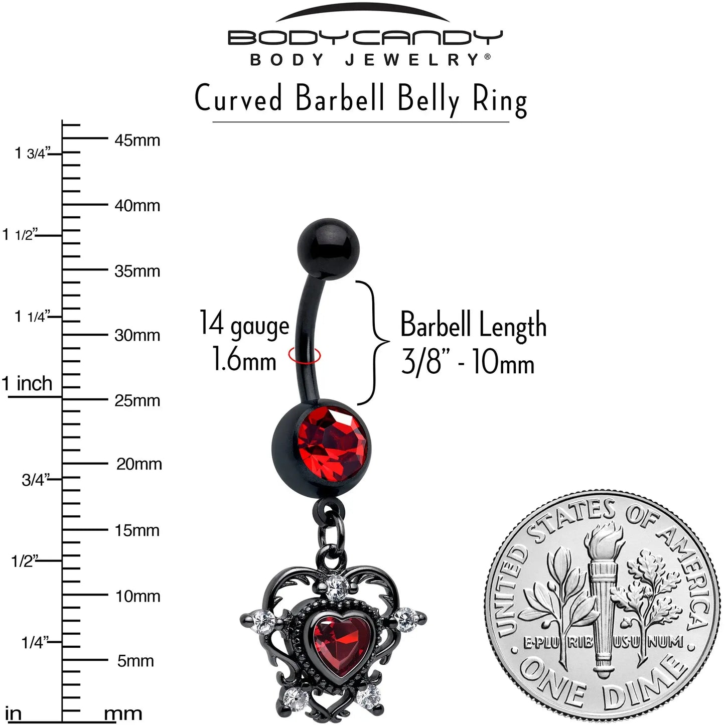 Red CZ Gem Black Double Heart Dangle Belly Ring - BodyCandy - Flyclothing LLC